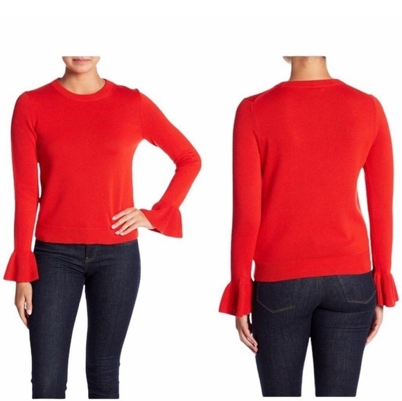 J.Crew Sweater Red Ruffle Cuffs Crew Neck Ribbed Trim sz XXS - Picture 1 of 7